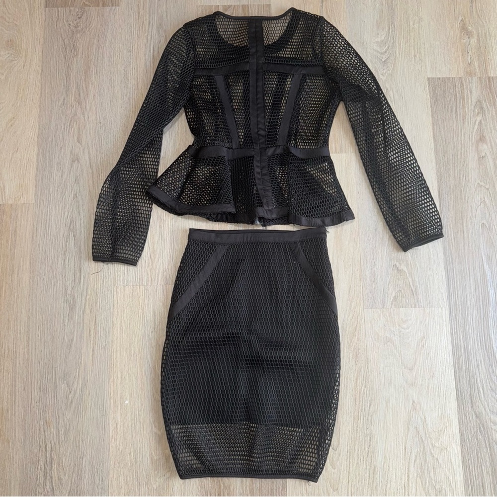Black 2 Piece Skirt Set - Mesh Long Sleeve Peplum Top with Skirt - Size Small
